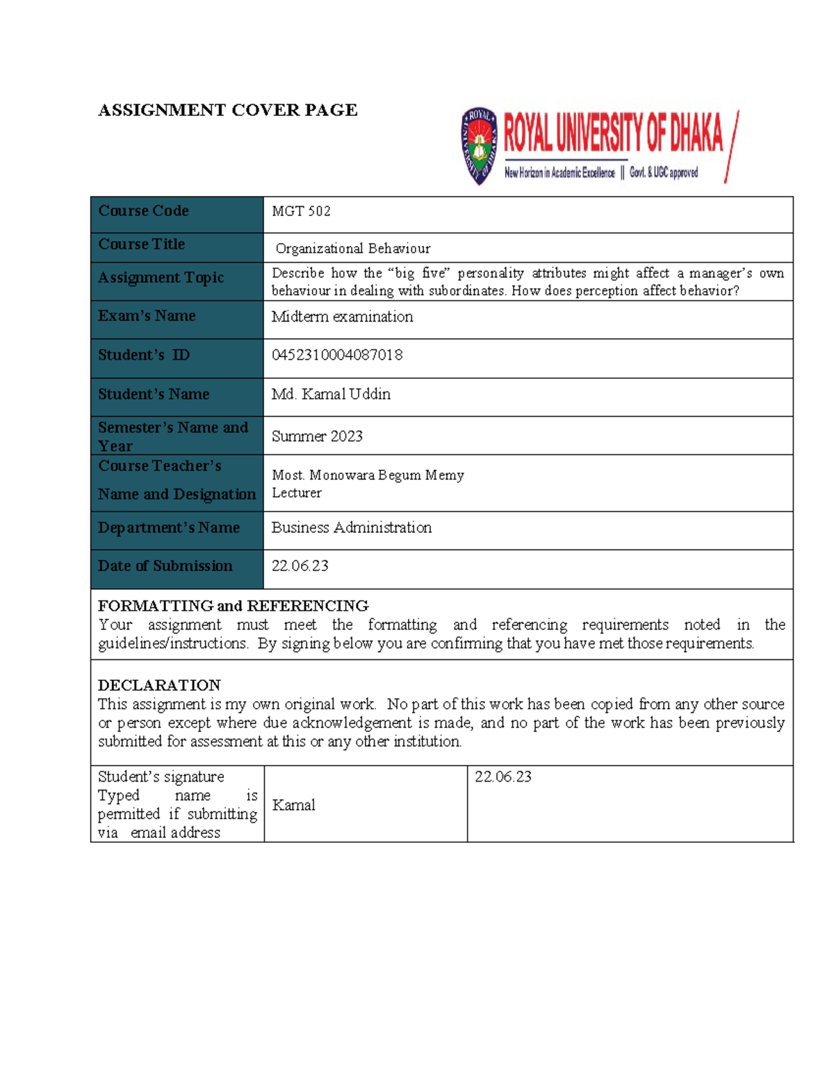 0452310004087018(Orgnizational Behavior) - ASSIGNMENT COVER PAGE Course ...