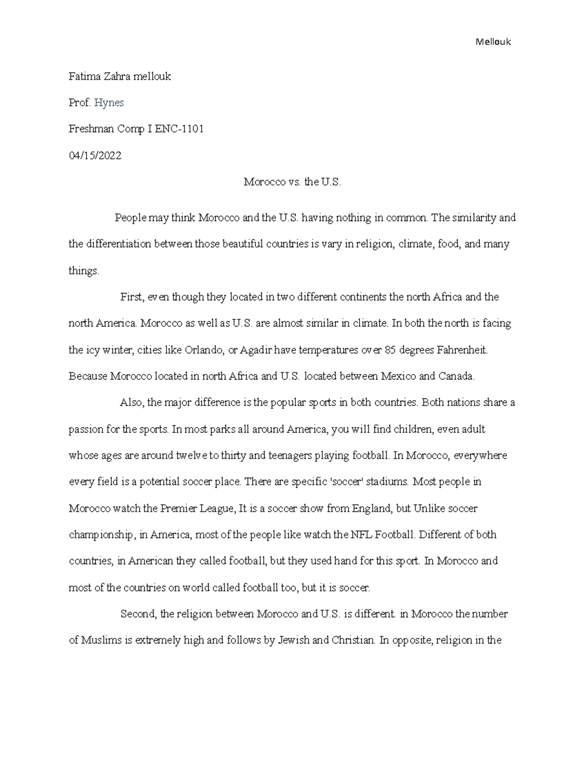 My Comparison essay fatima zahra Mellouk Fatima Zahra mellouk Prof