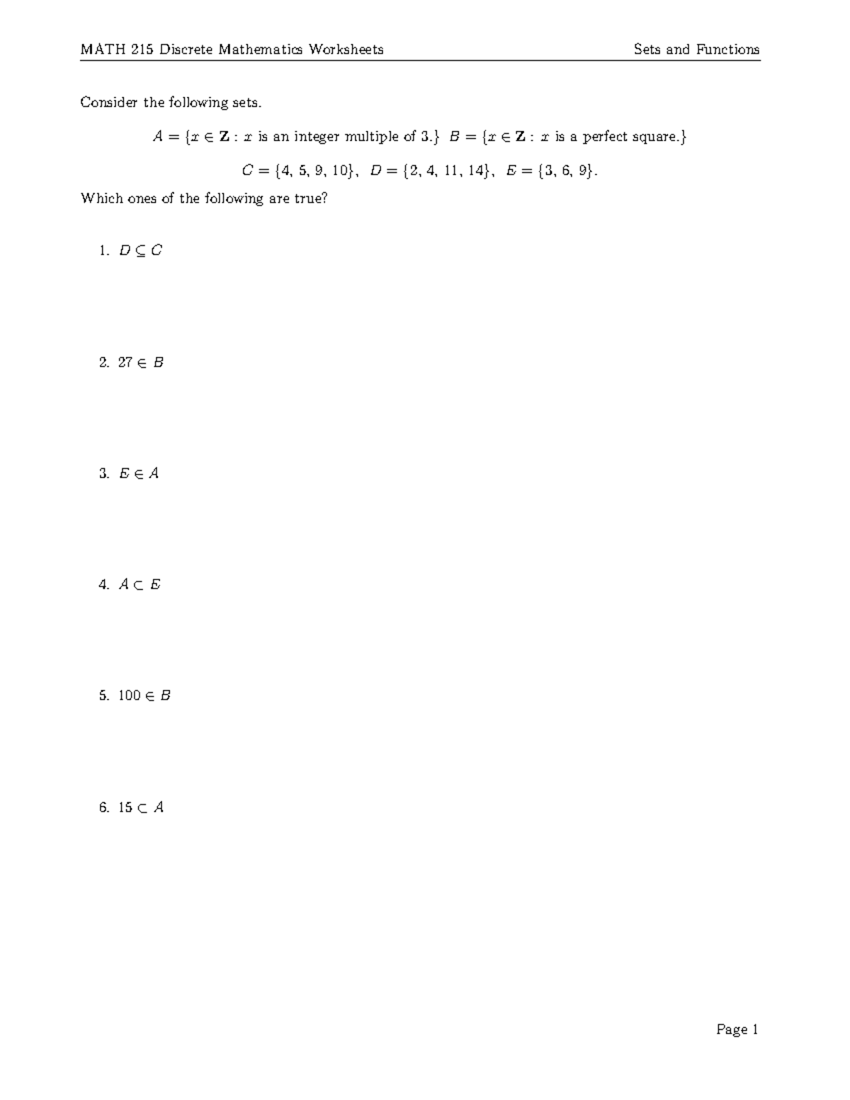 Sets and functions worksheets - Consider the following sets. A = {x ∈ Z ...