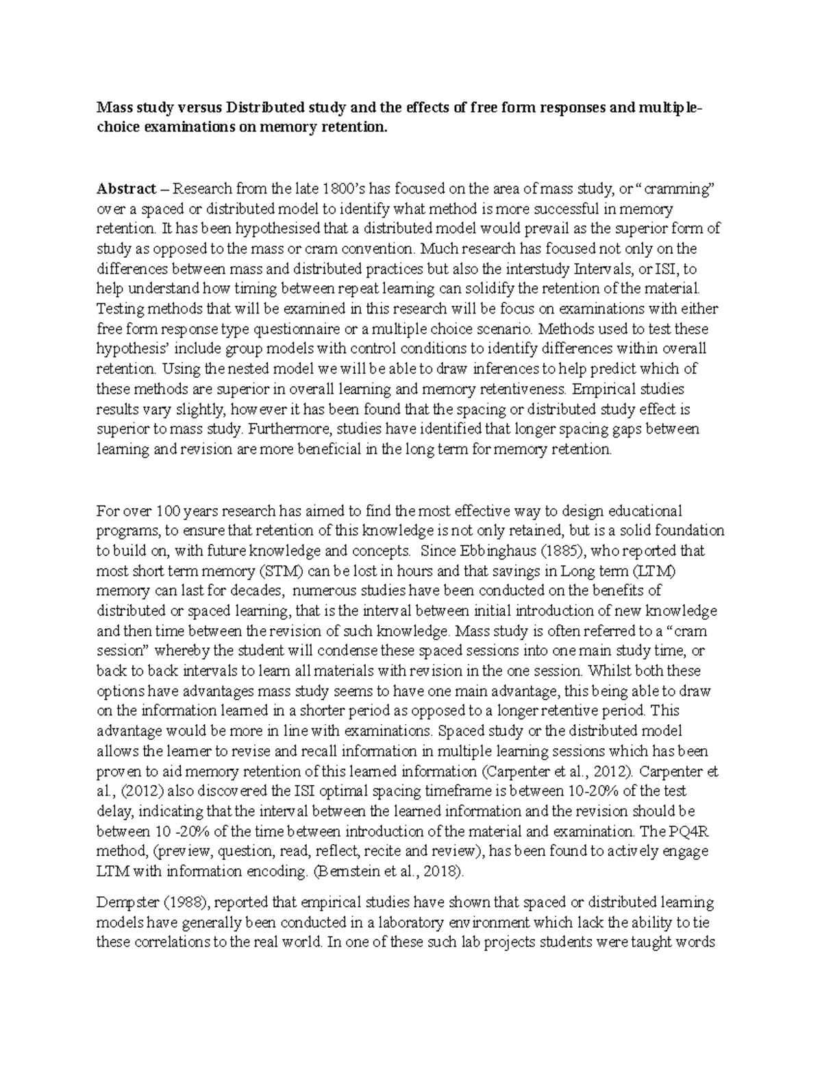 LAB REPORT PSY1004 - Mass study versus Distributed study and the ...