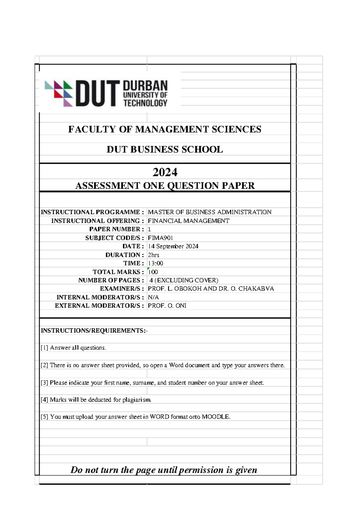 DUT FM Assessment One Paper 2024- (QP) - Final - INSTRUCTIONAL ...