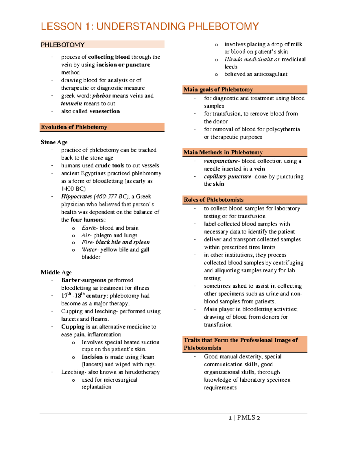 PMLS 2 Trans - PMLS 2 prelims - LESSON 1: UNDERSTANDING PHLEBOTOMY 1 ...