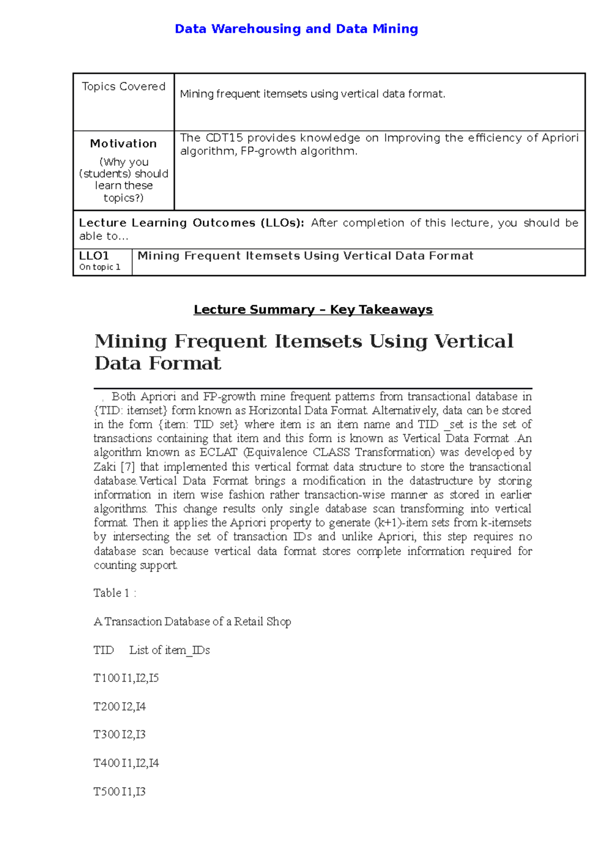 Mining frequent itemsets using vertical data format - Motivation ...