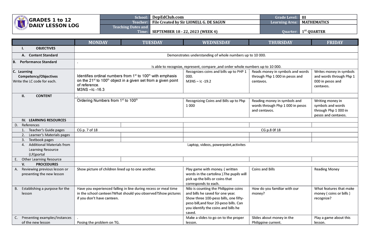 DLL Mathematics 3 Q1 W4 - dll - GRADES 1 to 12 DAILY LESSON LOG School ...