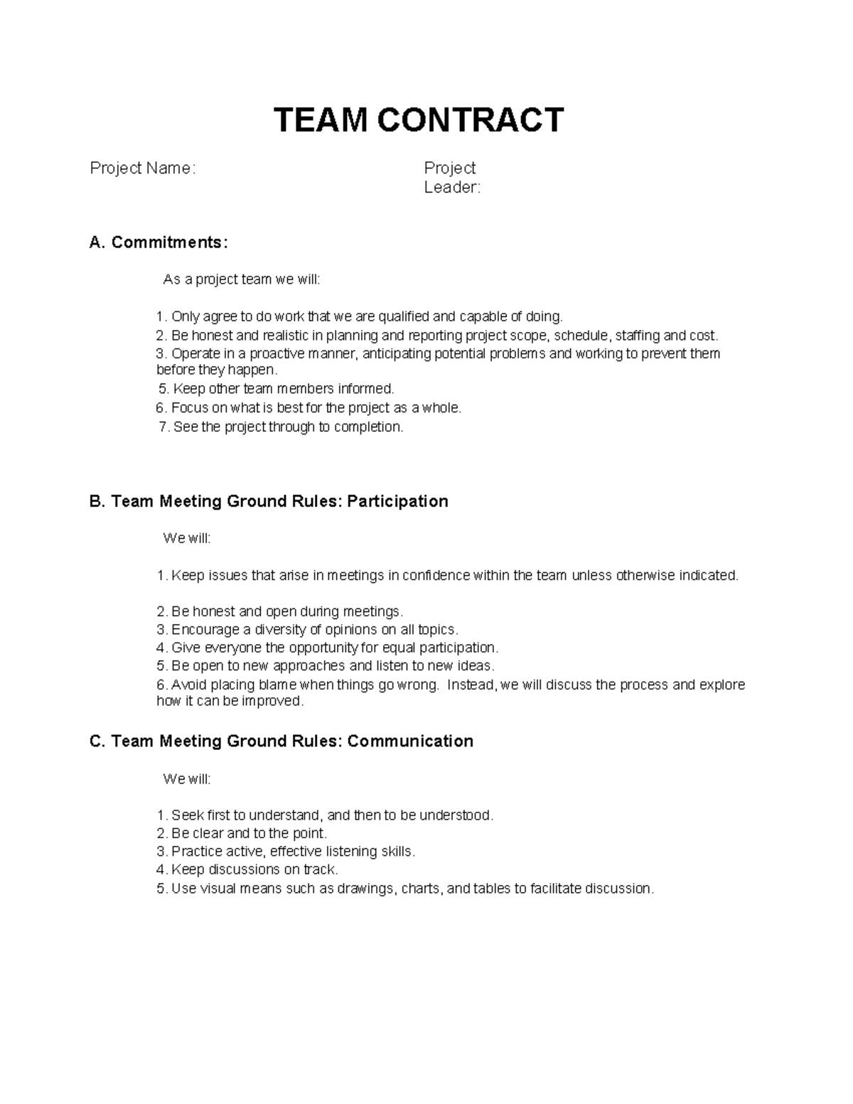 TEAM Contract Rivera - Project Name: Project Leader: As a project team ...