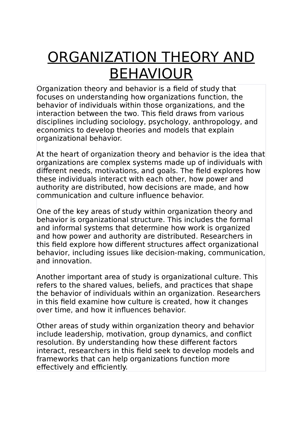 Organization Theory AND Behaviour - ORGANIZATION THEORY AND BEHAVIOUR ...