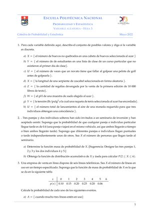 Hoja De Ejercicios 2- 2022B - ESCUELA POLITÉCNICA NACIONAL PROBABILIDAD ...