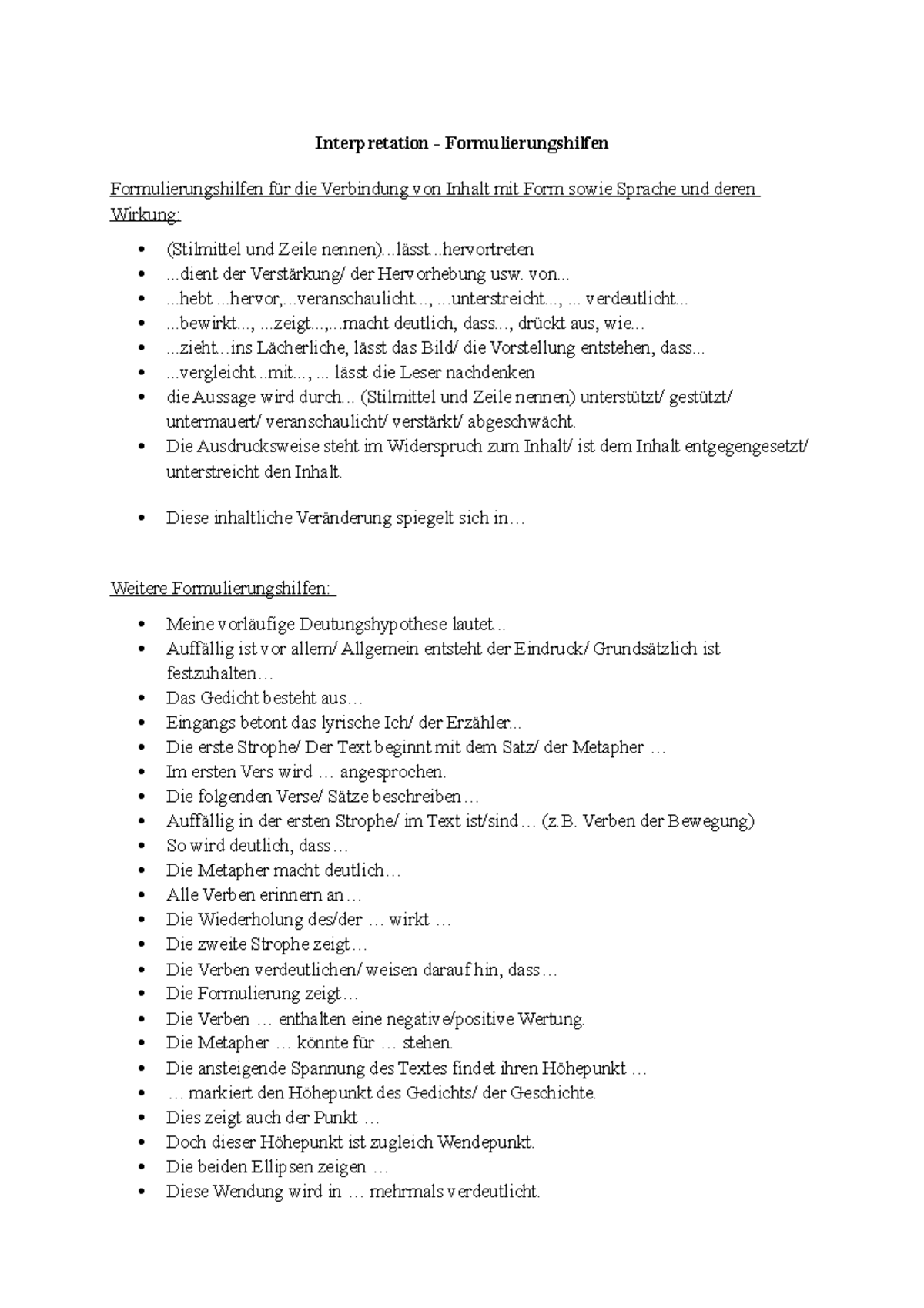 Interpretation Merkblatt Interpretation Formulierungshilfen