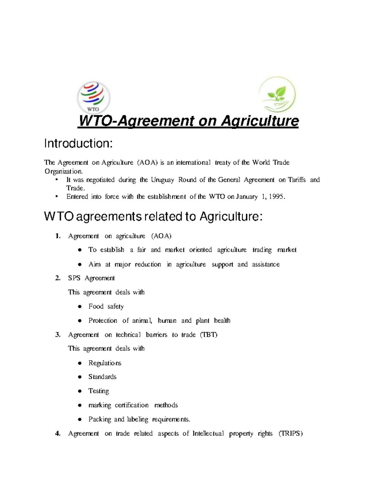 Aoa2008 05135000 my notes WTOAgreement on Agriculture Introduction The Agreement on Studocu