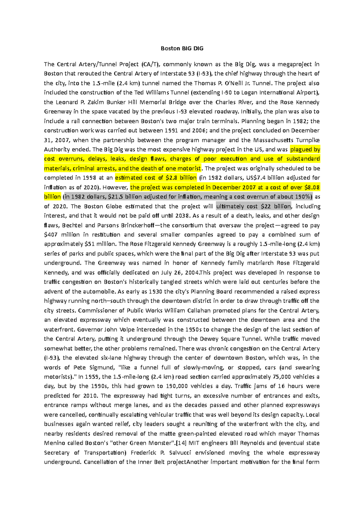 Boston BIG DIG - Apuntes 1 - Boston BIG DIG The Central Artery/Tunnel ...