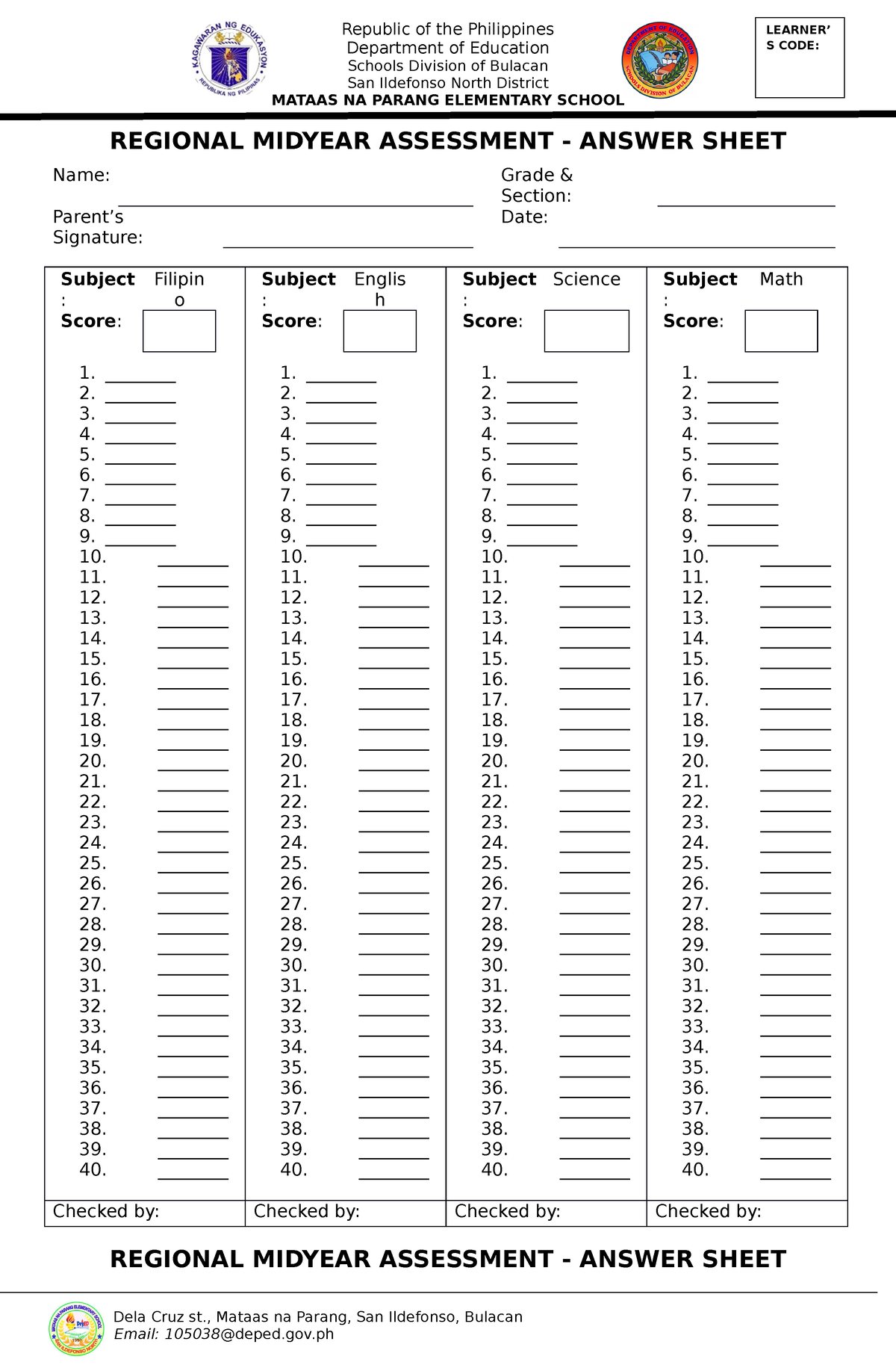 Answer Sheet MYA - Republic of the Philippines Department of Education ...