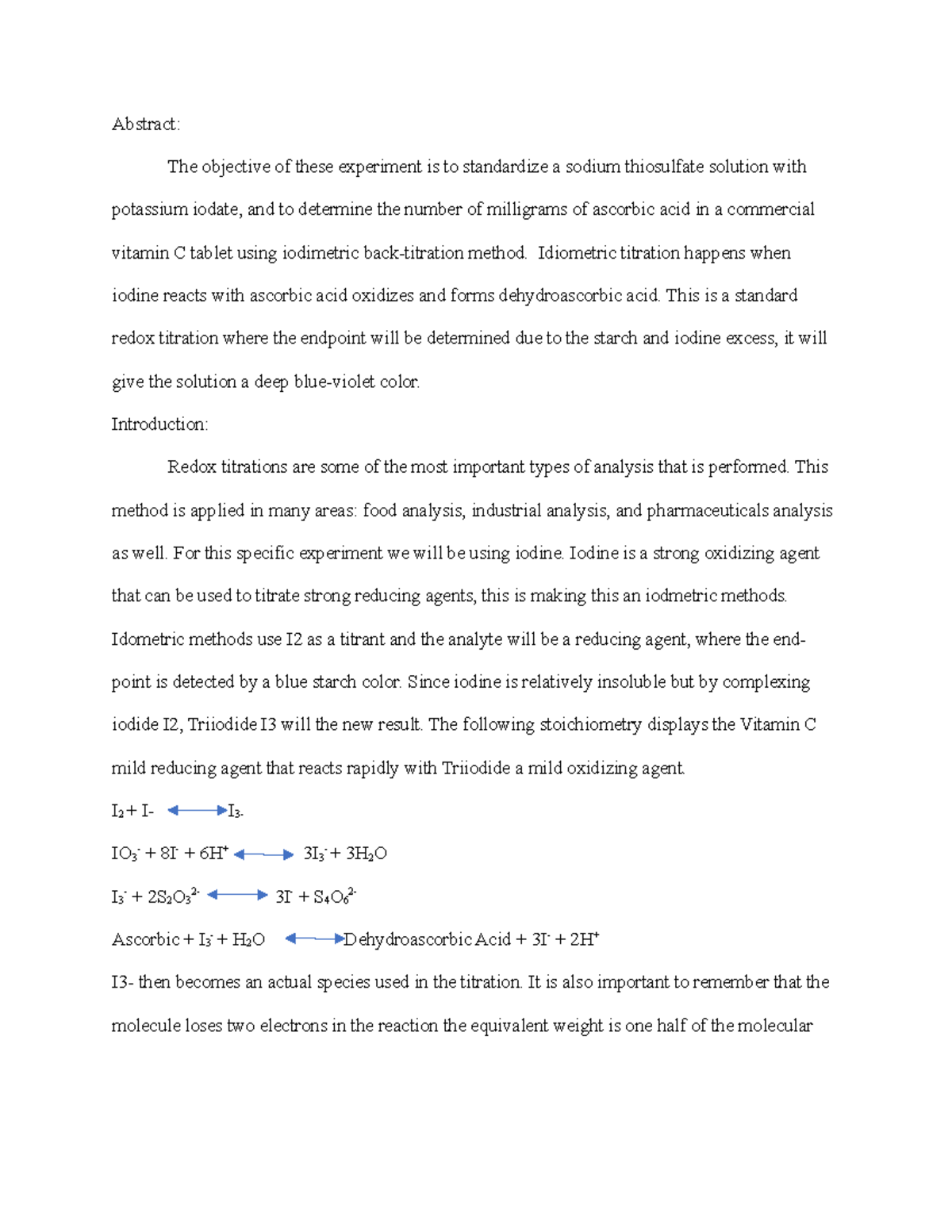 Exp. 8 lab report Iodimetric titration of vitamin C Abstract The
