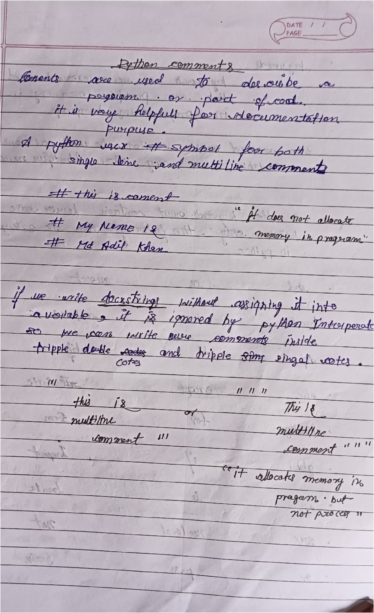 Scanned 20241006-1425 - DATE PAGE Python comments toments are used to ...