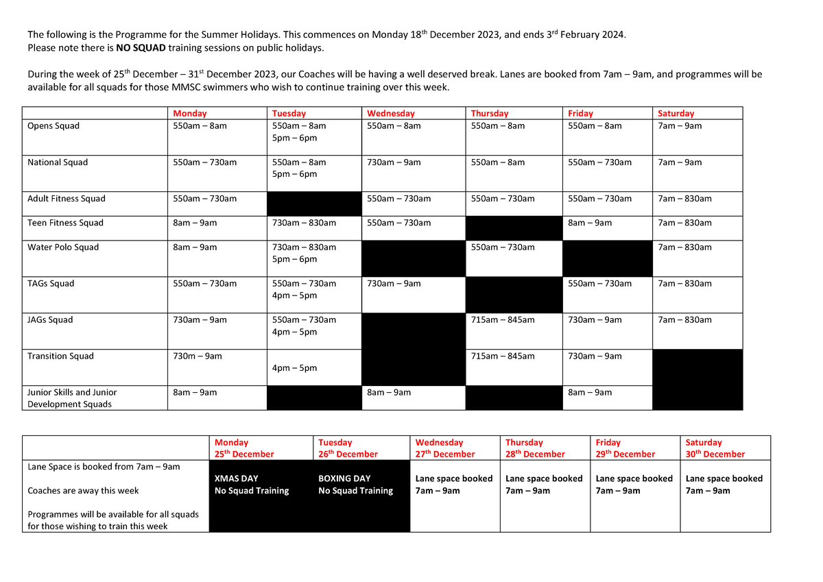 MMSC Summer Holidays 2023 The following is the Programme for the