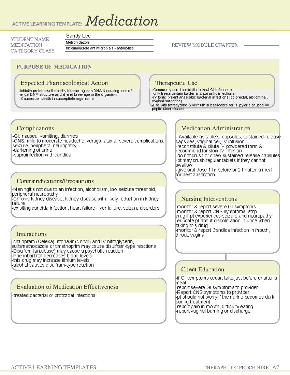 Metronidazole ALT - Notes - STUDENT NAME MEDICATION REVIEW MODULE ...