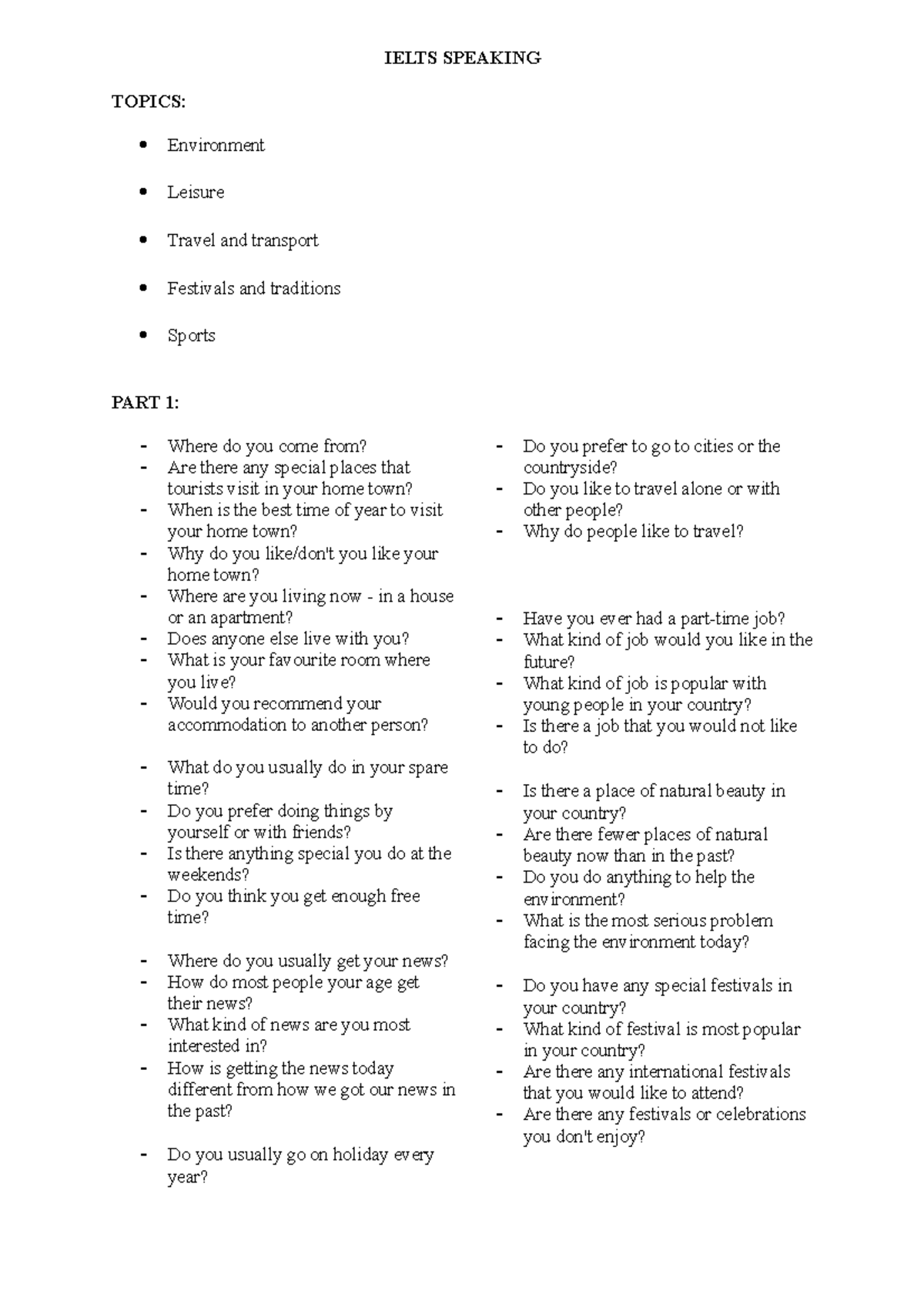 Ielts Speaking Practice - IELTS SPEAKING TOPICS: Environment Leisure ...