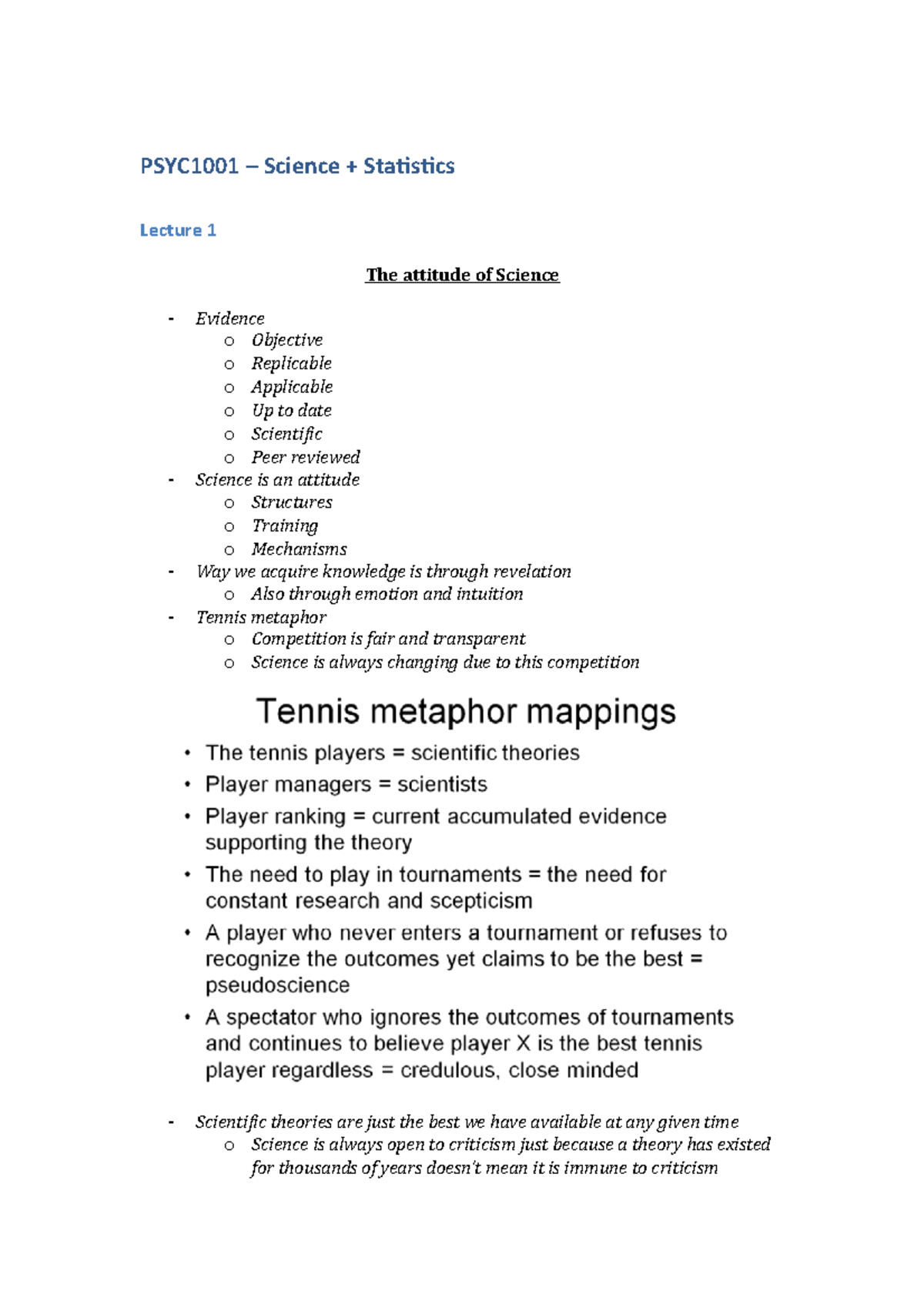 Lecture Notes, Lectures All - Science + Statistics - PSYC1001 – Science ...