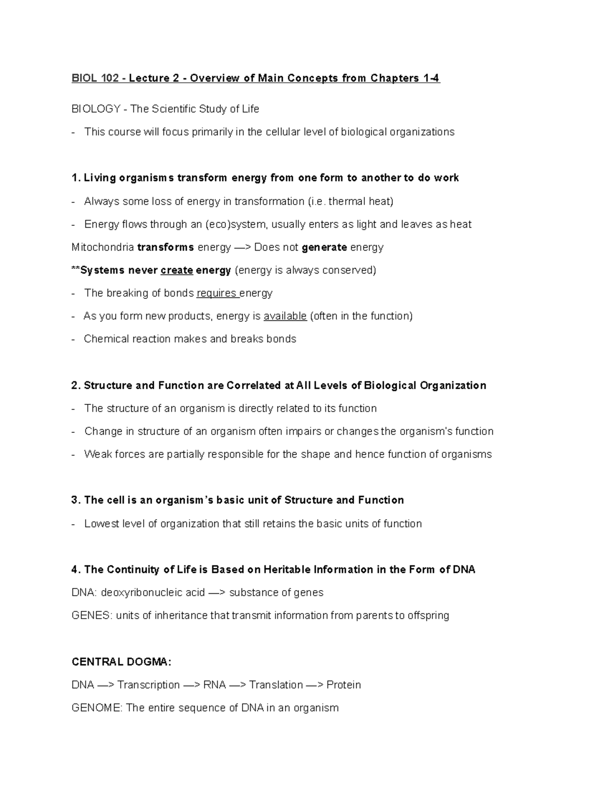 Lecture notes, lecture 1 - BIOL 102 - Lecture 2 - Overview of Main ...