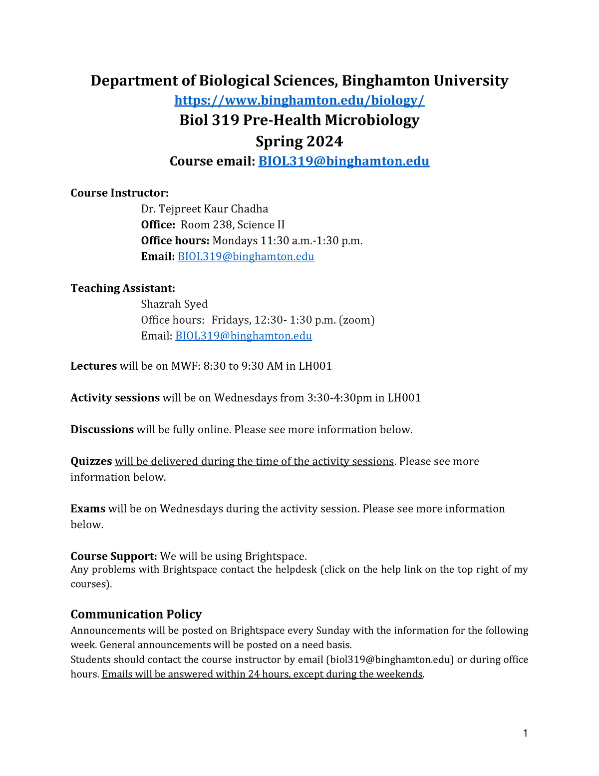 Biol 319 Syllabus - Department Of Biological Sciences, Binghamton ...