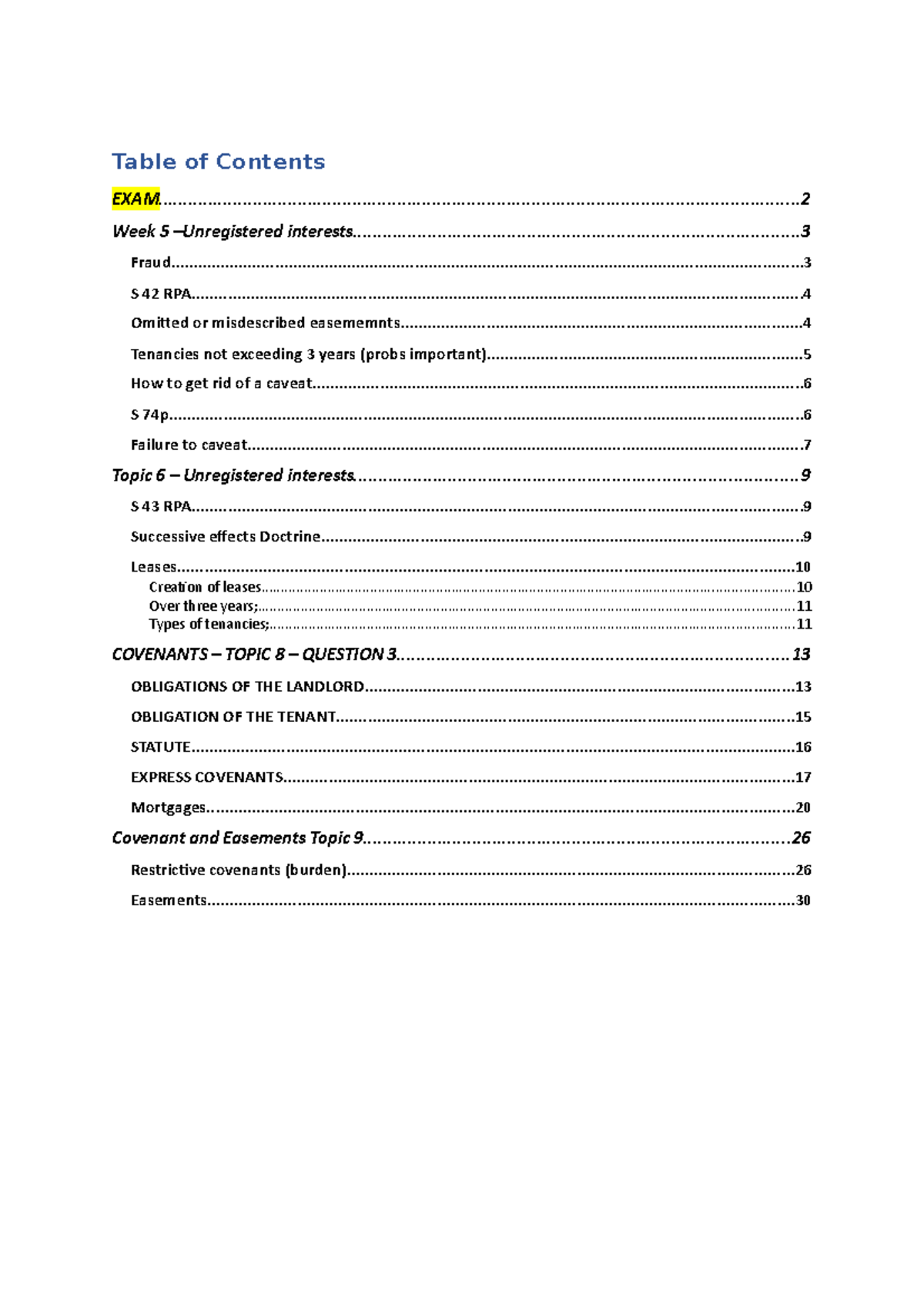 Prop B - Property Law B Exam Notes - Table of Contents - Studocu
