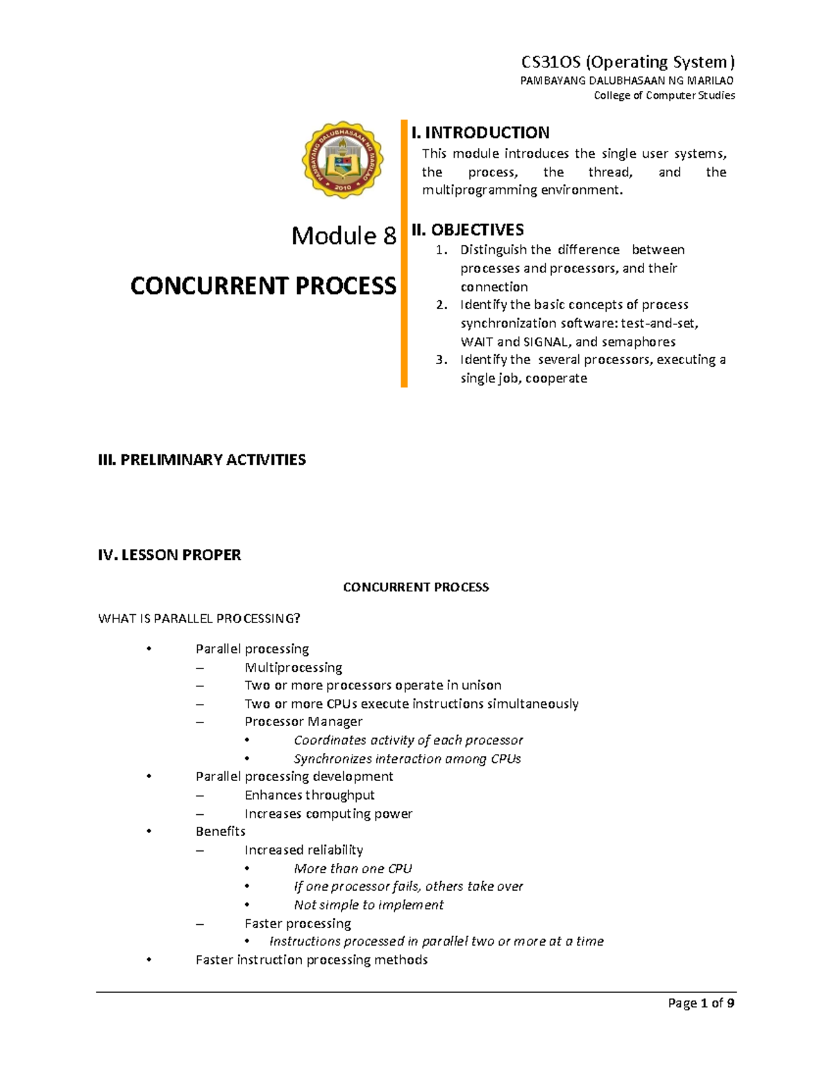 CS31Operating System Module 8CS31-OS - Lecture Notes 11 - PAMBAYANG ...