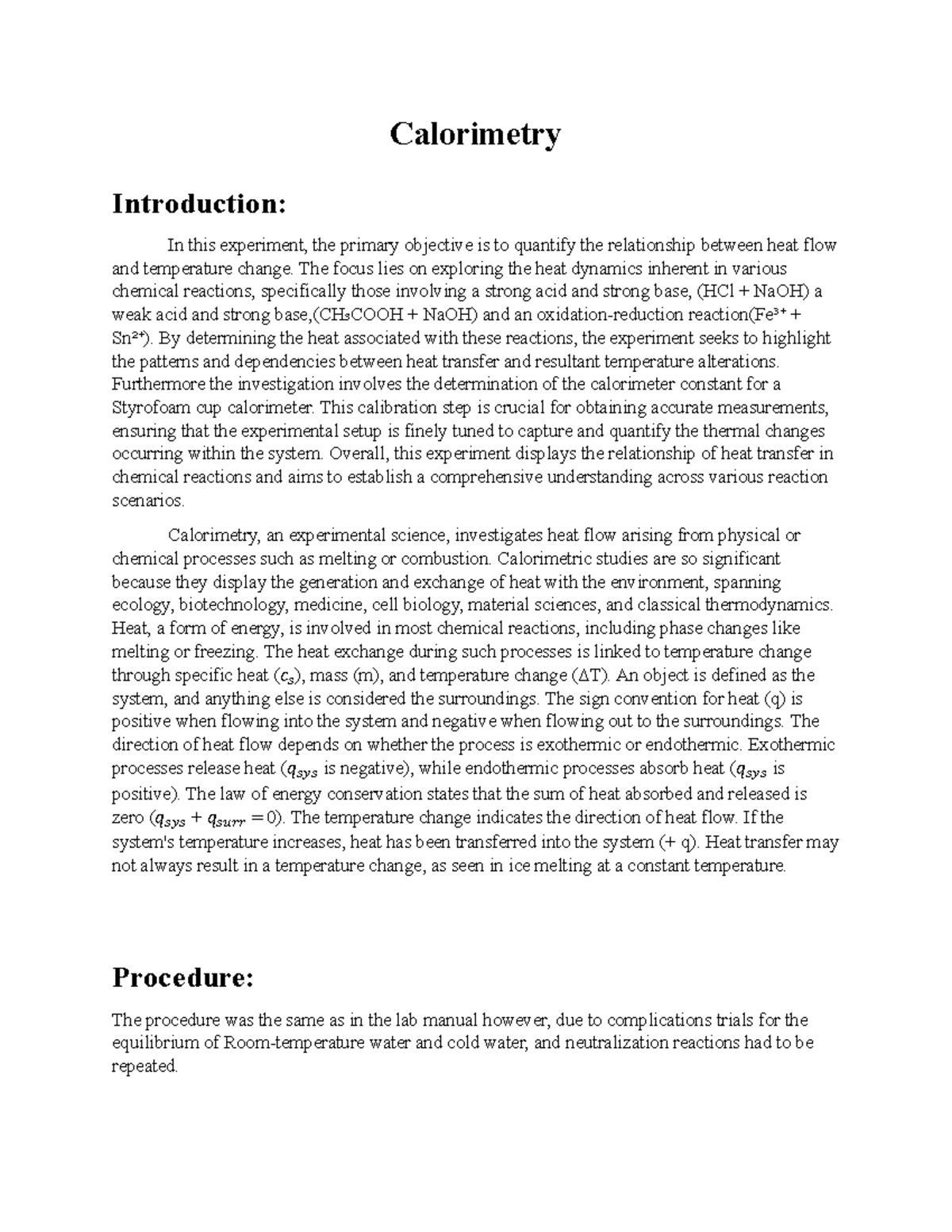 calorimetry lab report hypothesis