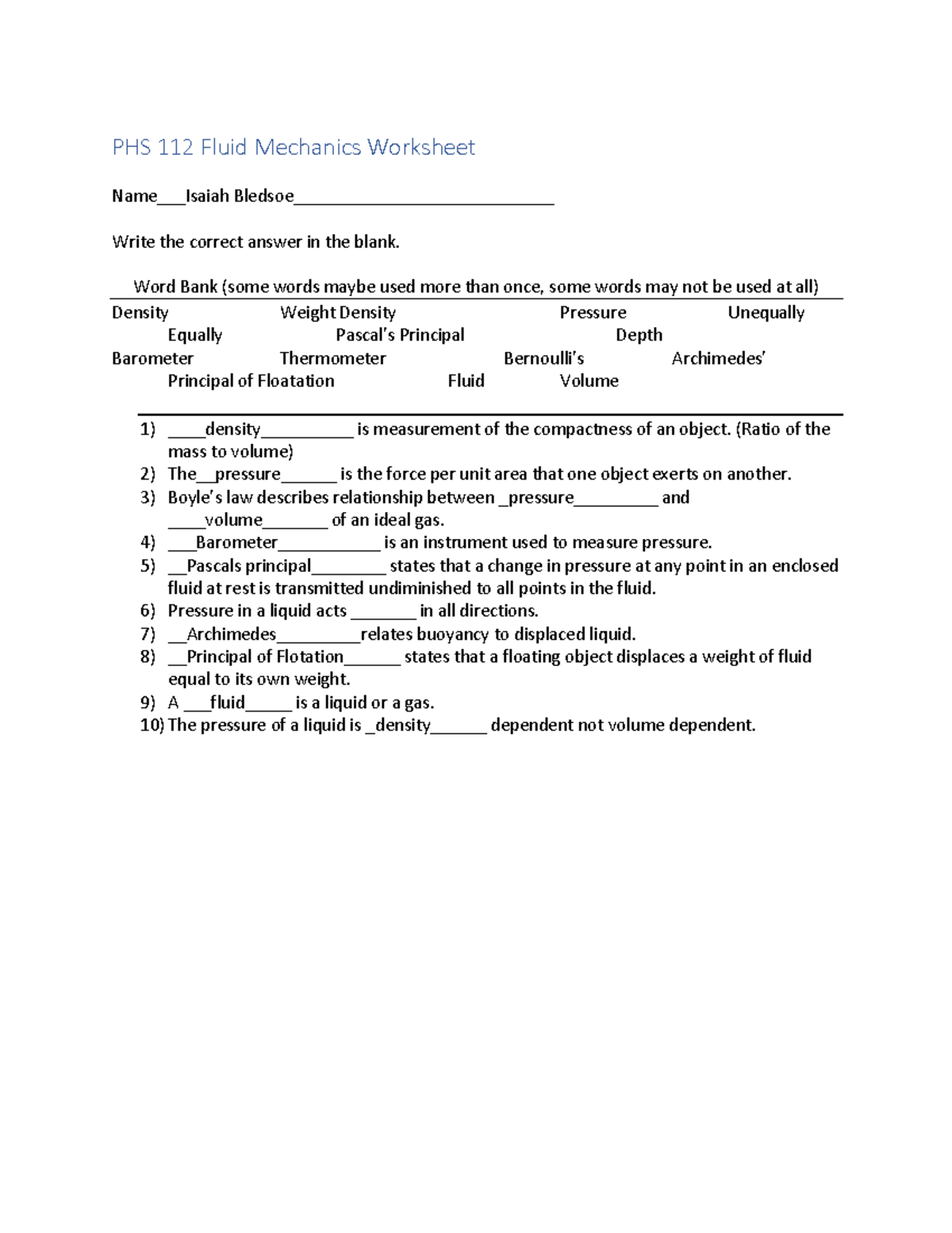 PHS 112 Fluid Mechanics Worksheet PHS 112 Fluid Mechanics Worksheet
