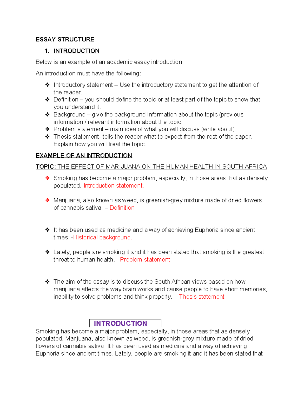 Essay Structure- Writing Alde 122 - ESSAY STRUCTURE 1. INTRODUCTION ...