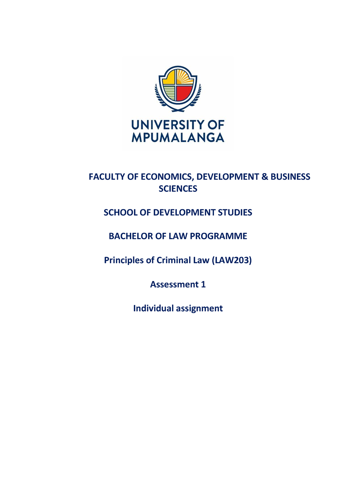 Principles of Criminal Law- 2023 Assignment 1 -UMP - FACULTY OF ...