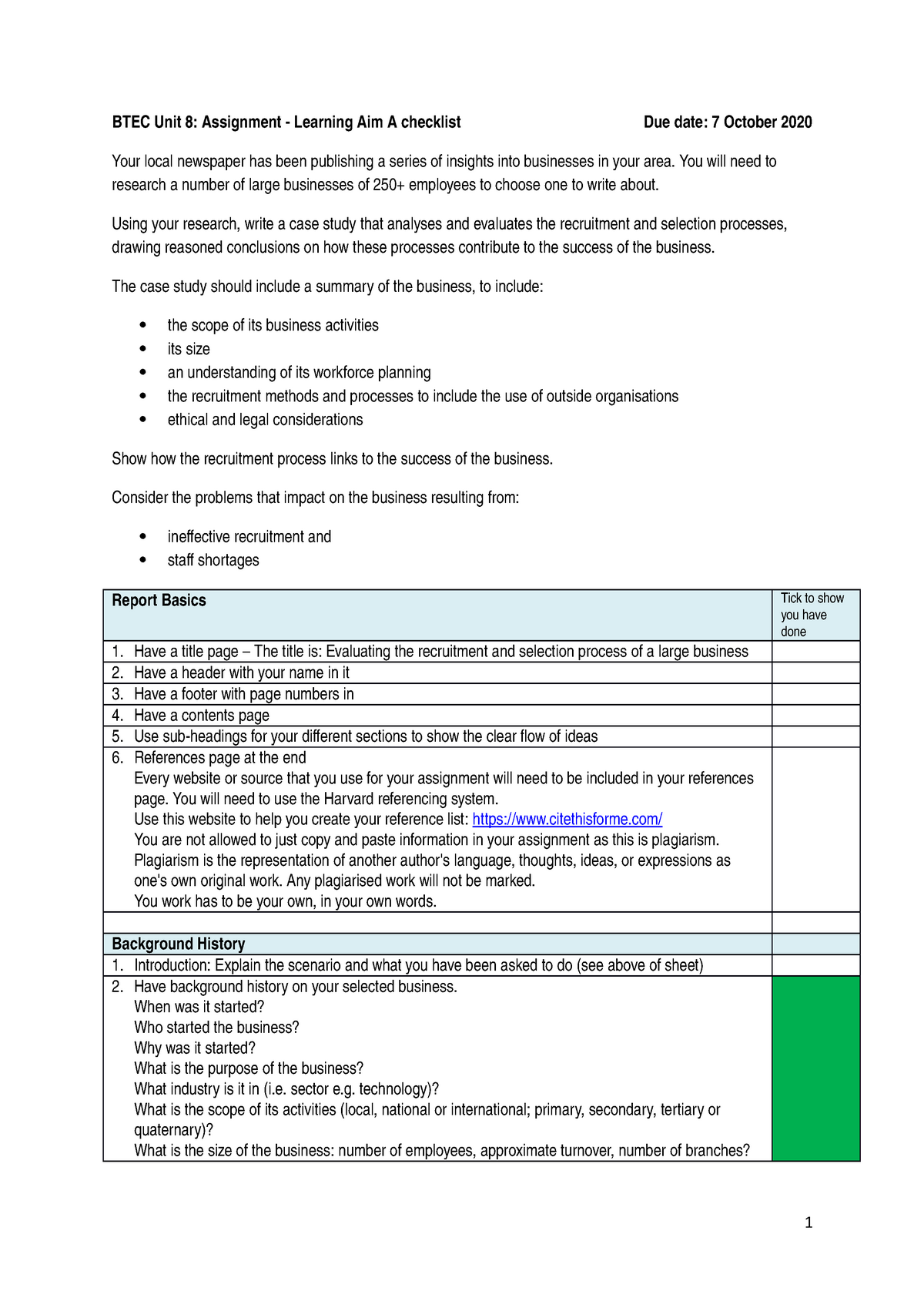 Unit 8 Learning Aim A Assignment Checklist - BTEC Unit 8: Assignment ...