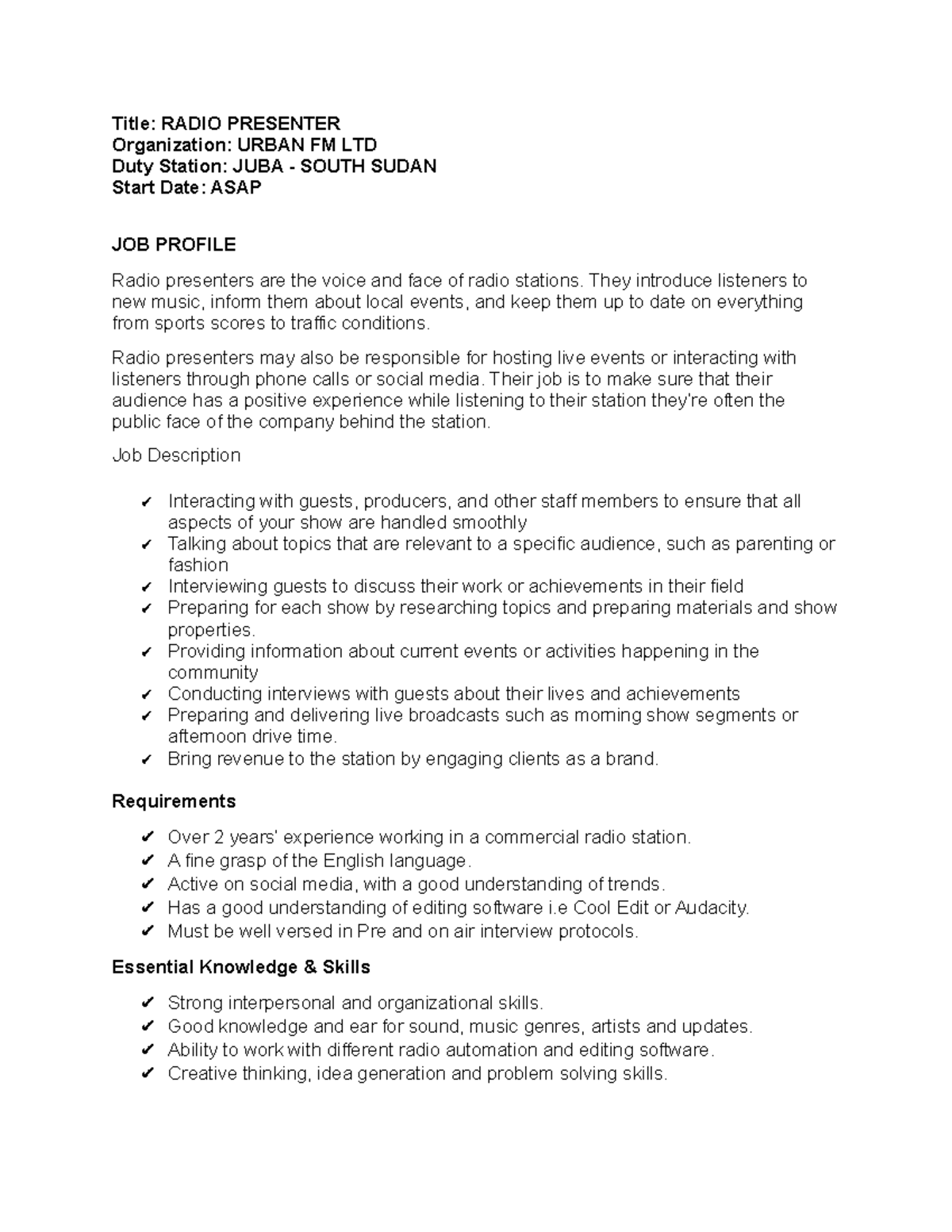 Radio Presenter JOB Profile sample Title RADIO PRESENTER