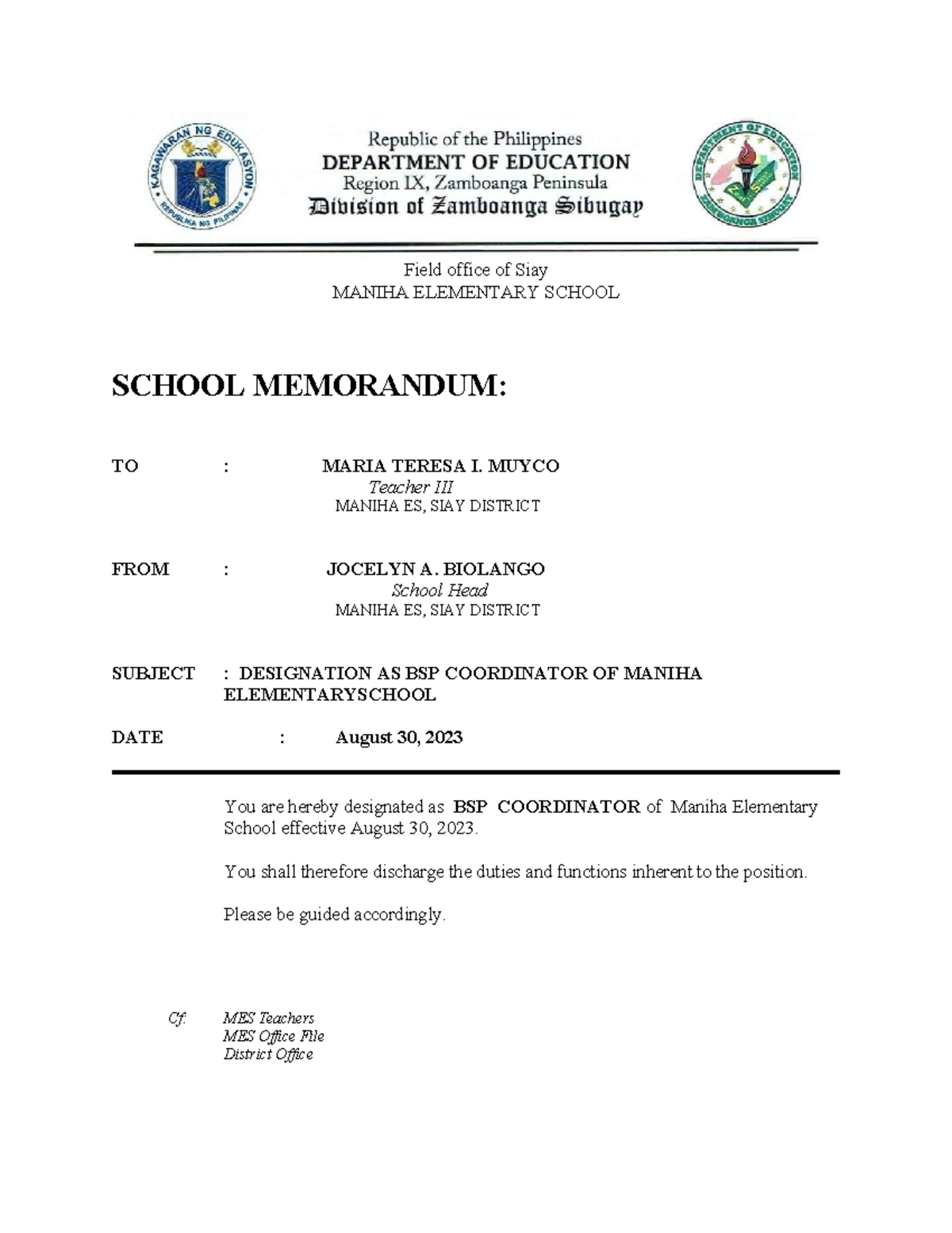 Designation- Order - Field office of Siay MANIHA ELEMENTARY SCHOOL ...
