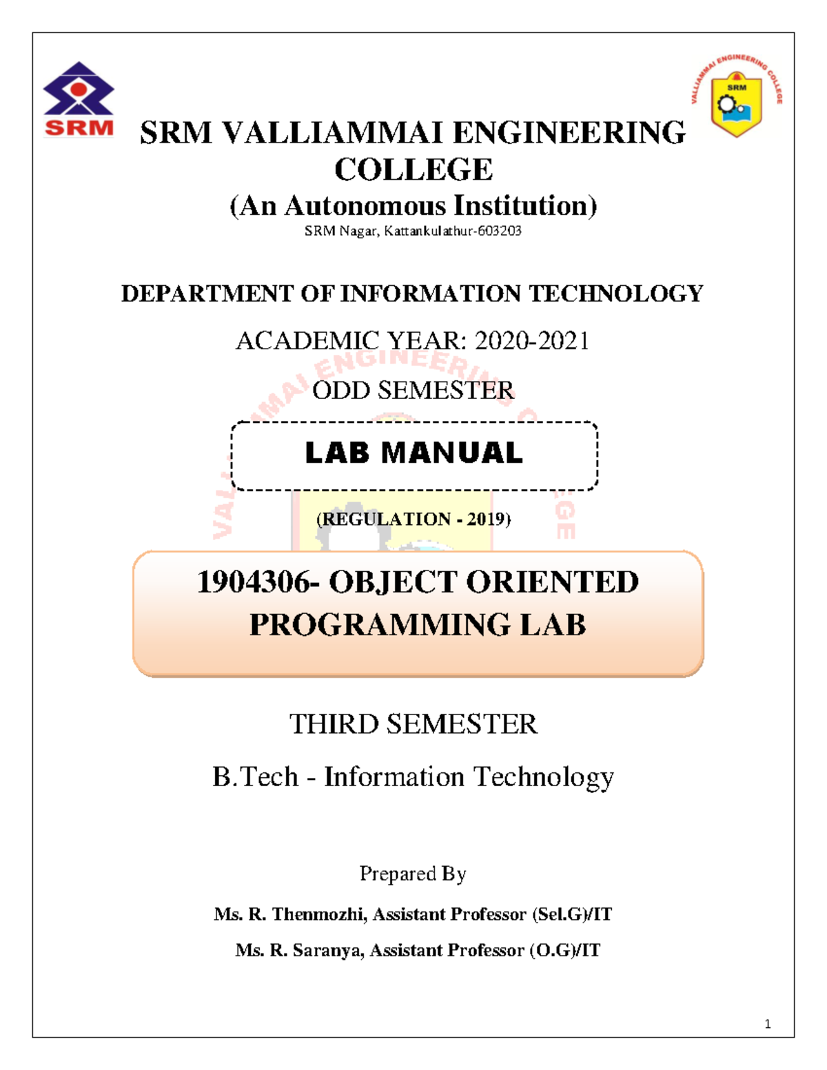 1904306 Object Oriented Programming Lab Manual 1 - SRM VALLIAMMAI ...