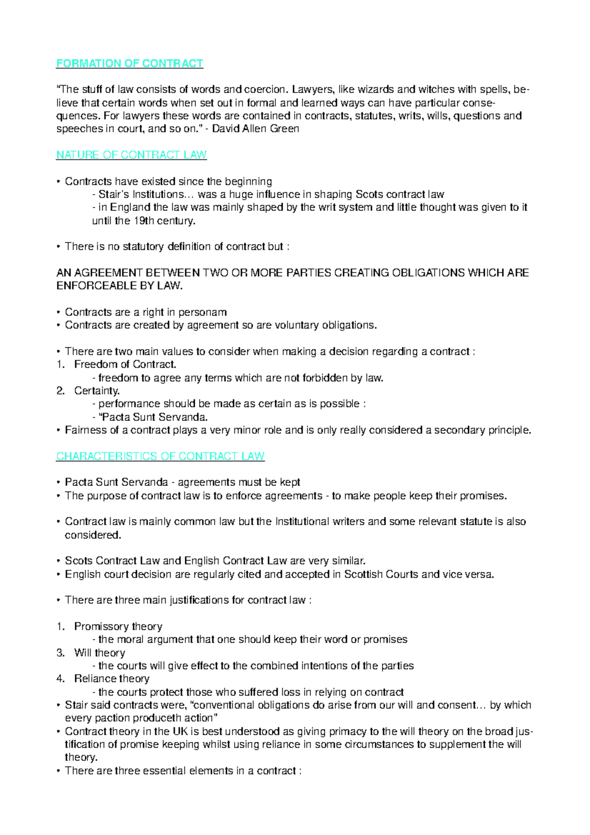 Contract LS1520 - Lecture notes All lectures - FORMATION OF CONTRACT ...