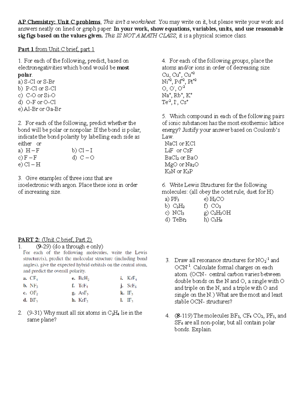 UNIT C HW Chemistry Practice. AP Chemistry Unit C problems