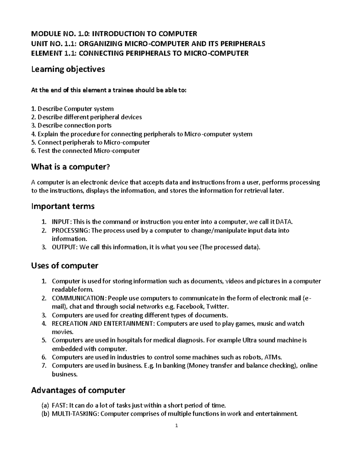 Introduction TO Computer - MODULE NO. 1: INTRODUCTION TO COMPUTER UNIT ...