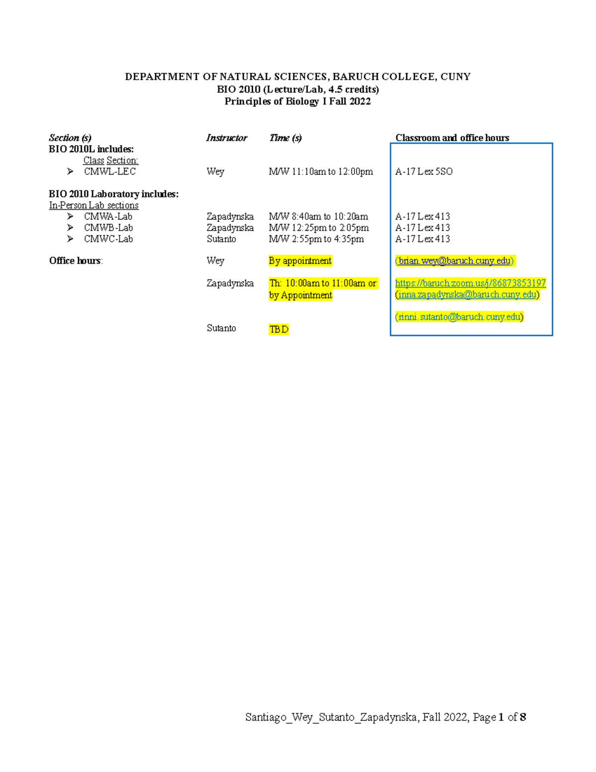 Bio2010 MW Fall2022 Wey Zapadynska Sutanto 20220823(1) DEPARTMENT OF