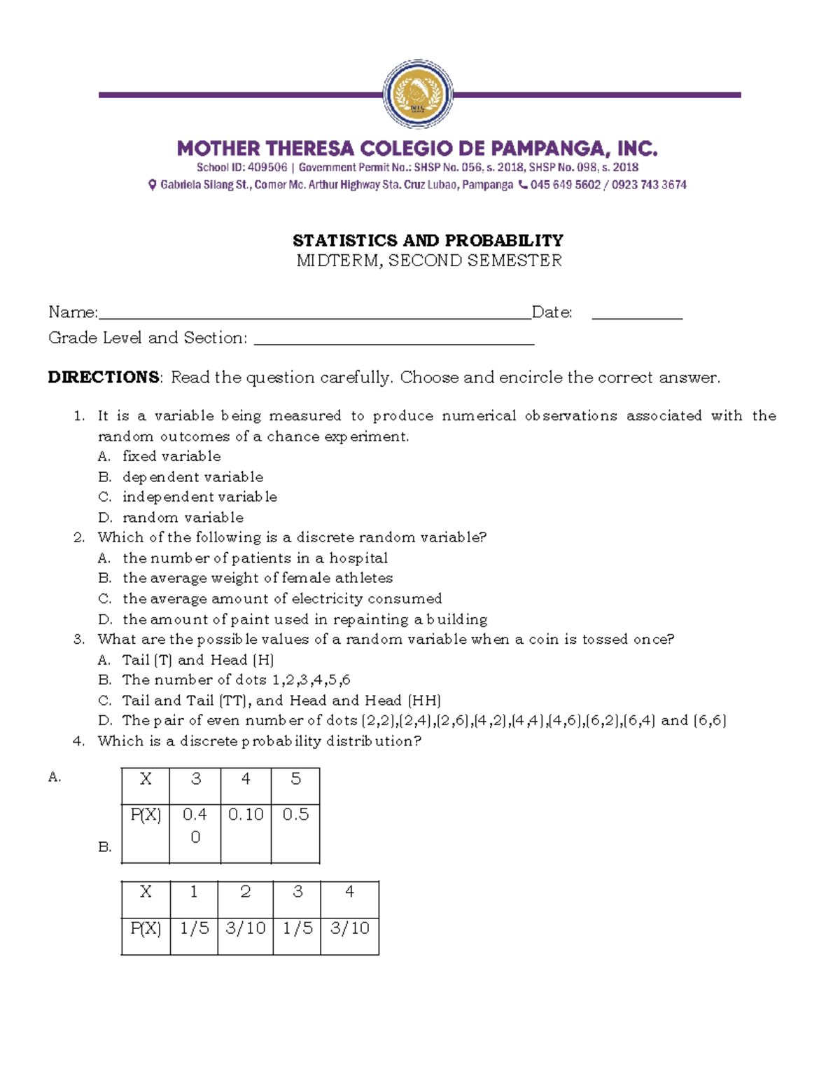 Pdfcoffee - STATISTICS AND PROBABILITY MIDTERM, SECOND SEMESTER Name ...