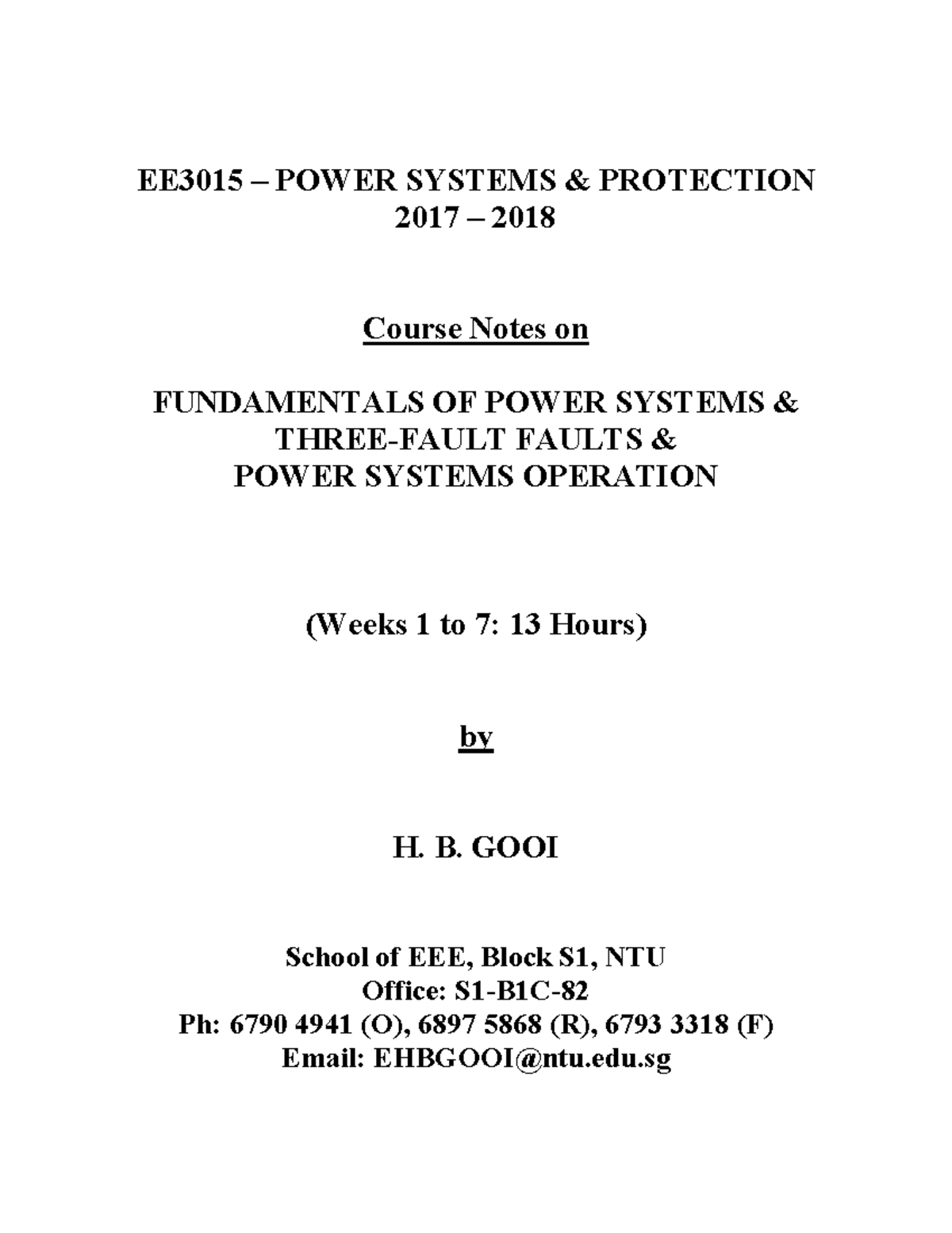 3015 GHB Cvr Lecture Notes EE3015 POWER SYSTEMS & PROTECTION 2017