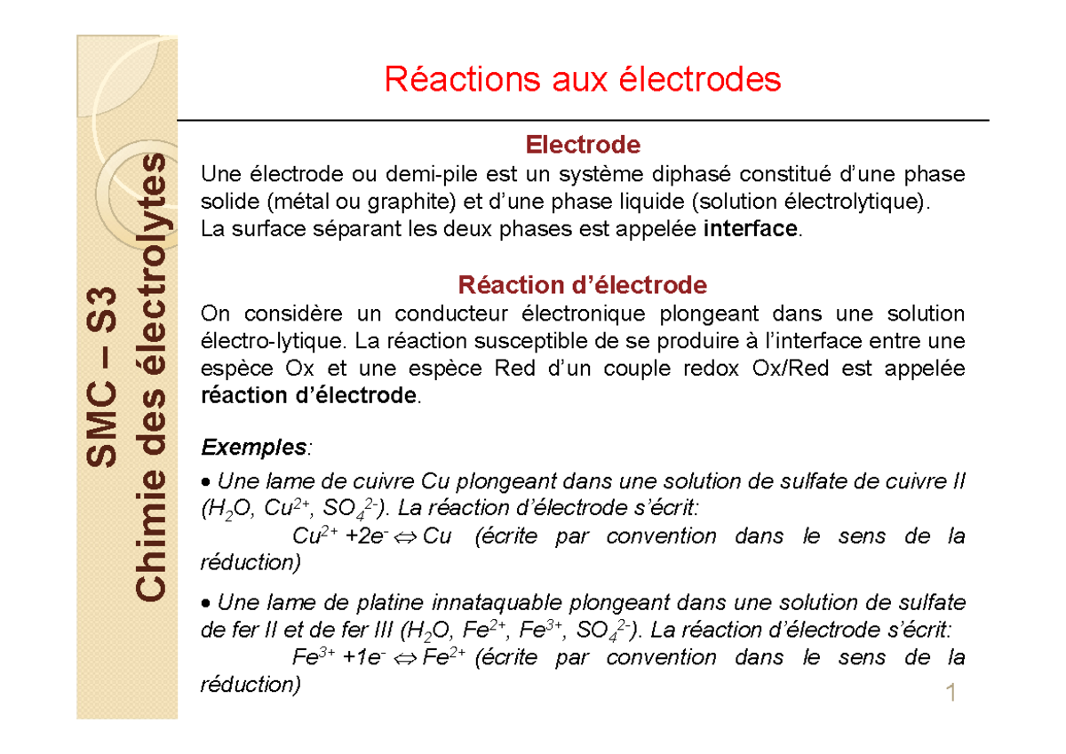 Chapitre II, III, IV SMC S Chimie des électrolytes Réactions aux