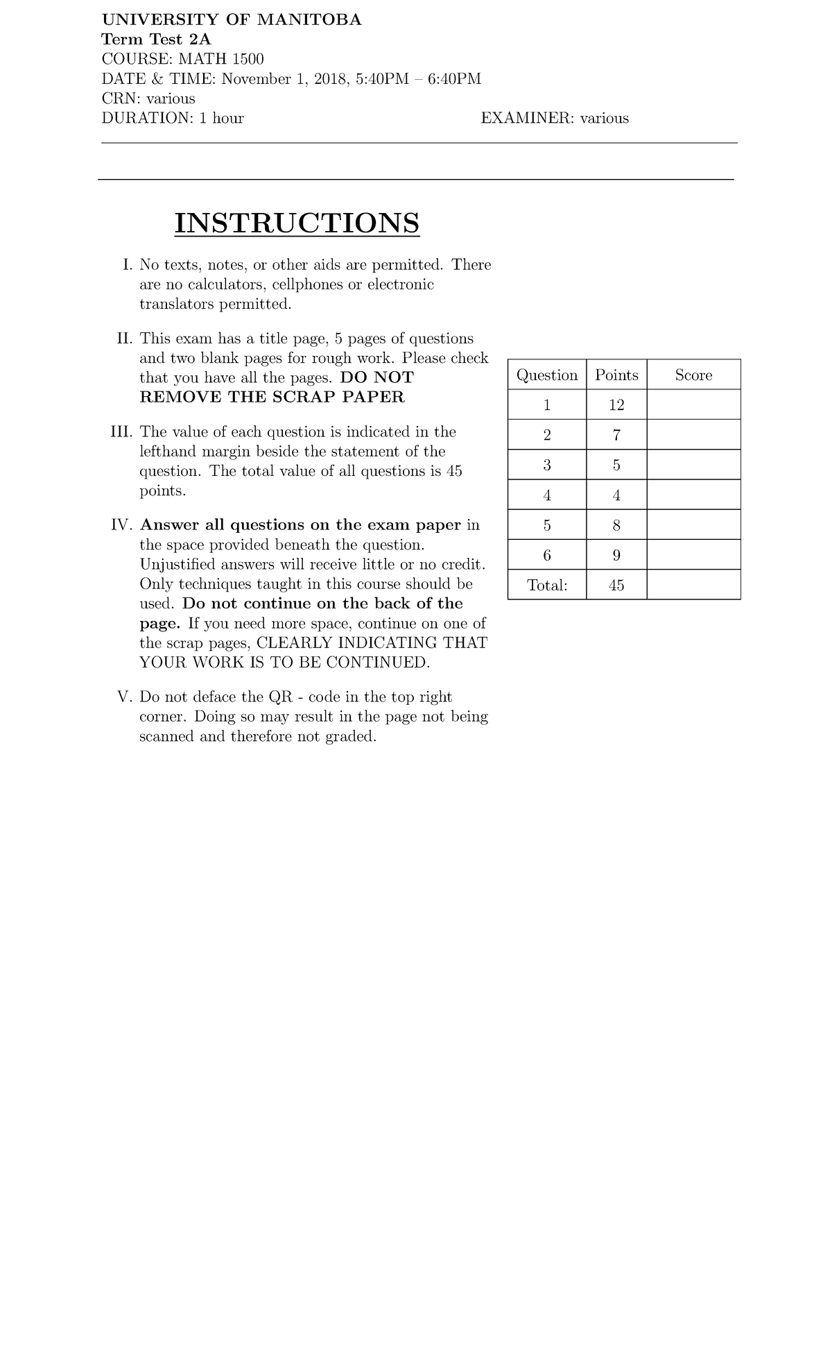 Midterm 2A 1 November 2018, answers - Term Test 2A COURSE: MATH 1500 ...