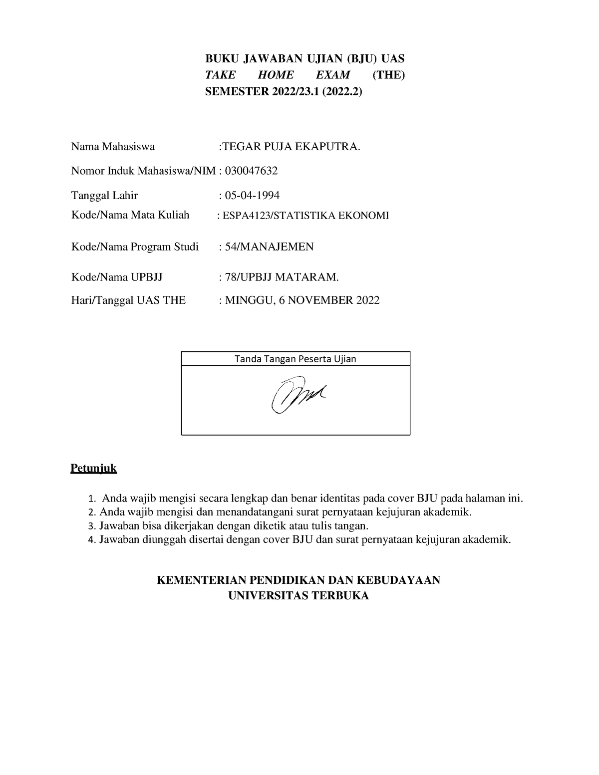 ESPA4123 Statistika Ekonomi - BUKU JAWABAN UJIAN (BJU) UAS TAKE HOME