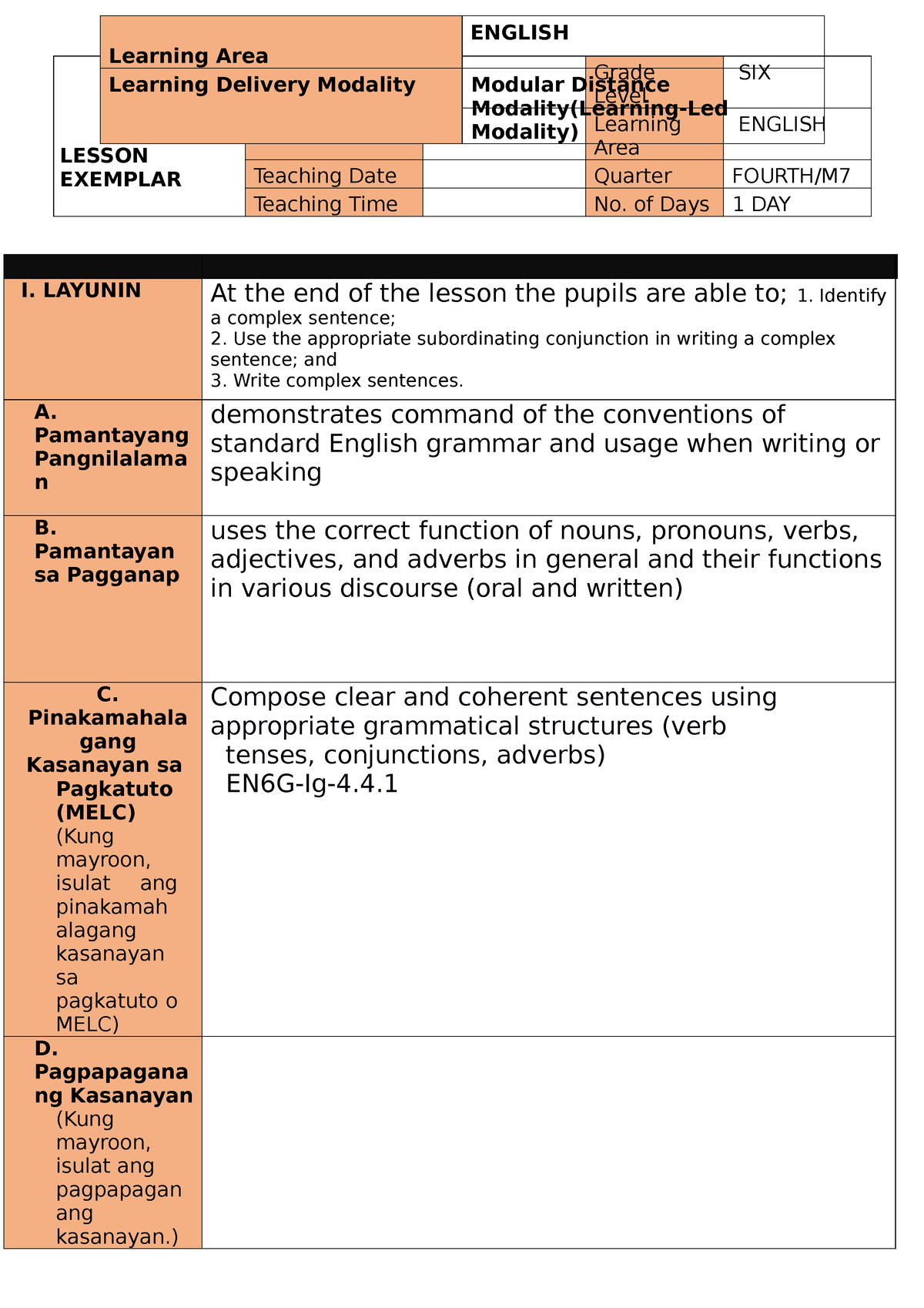 Cot English 6 M 7 Q4 Cot Lesson Plan Lesson Exemplar School Grade Level Six Teacher Learning 2486