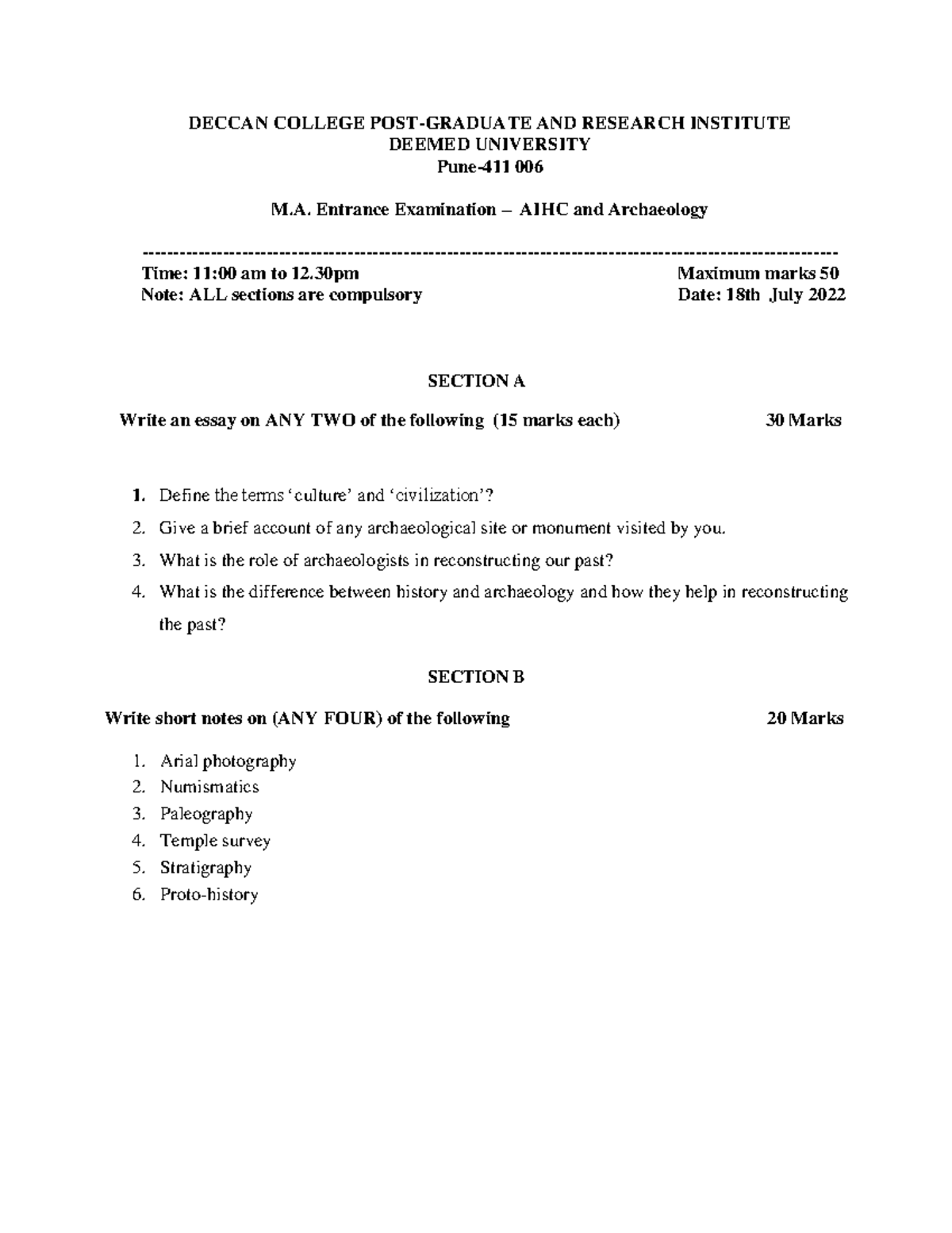 MA Entrance Exam 2022 AIHC & Archaeology DECCAN COLLEGE POST