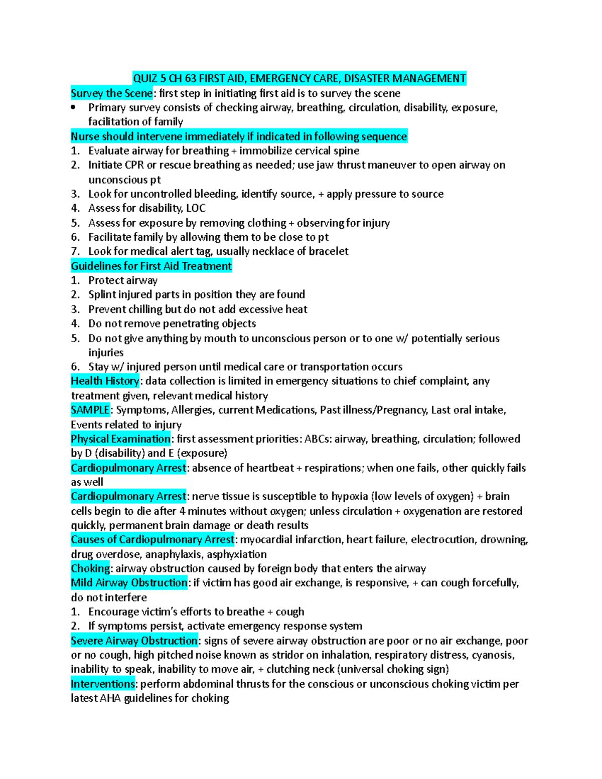 QUIZ 5 CH 63 First AID, Emergency CARE, Disaster Management QUIZ 5 CH