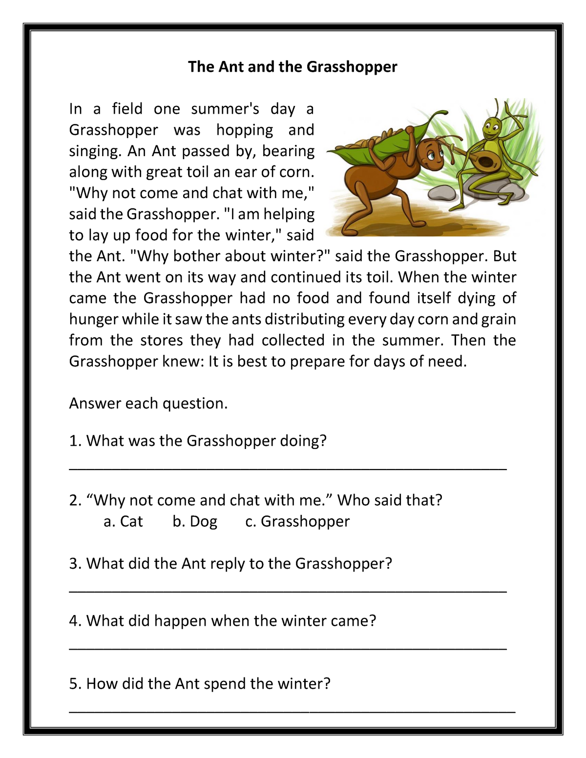 Grade 2 Reading Comprehension (New Set) - The Ant and the Grasshopper ...