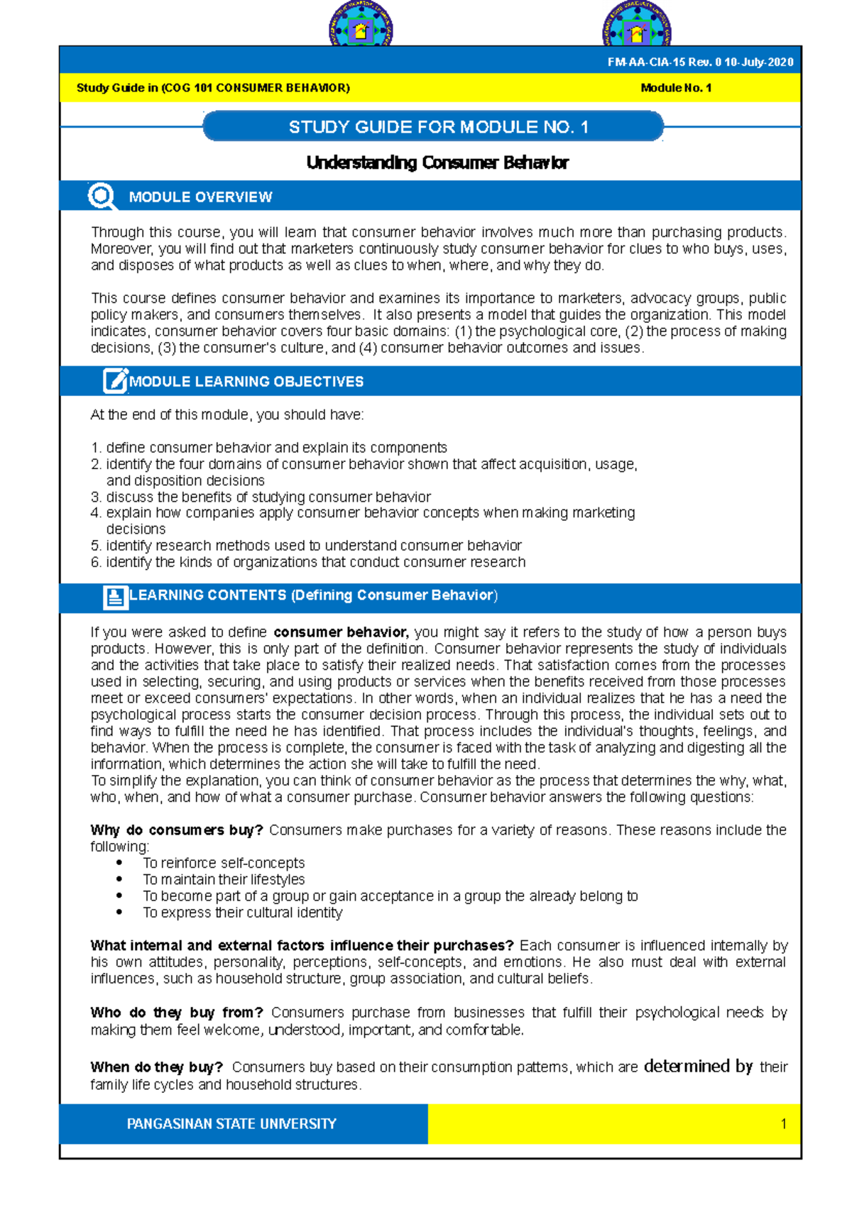 FM AA CIA 15 SG Mmelec 101 1 - Understanding Consumer Behavior MODULE ...