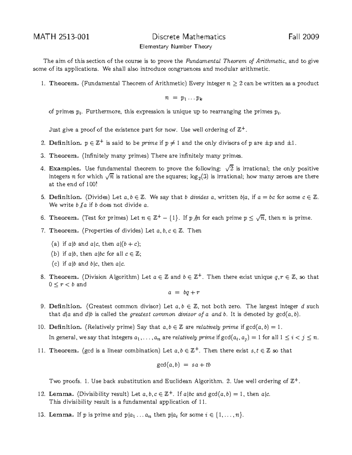 Math 2513 2009 handout elementary number theory MATH Discrete