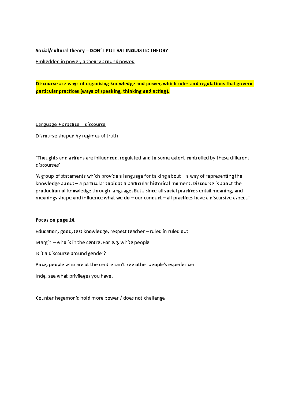 Discourse L5 - lol - Social/cultural theory – DON’T PUT AS LINGUISTIC ...