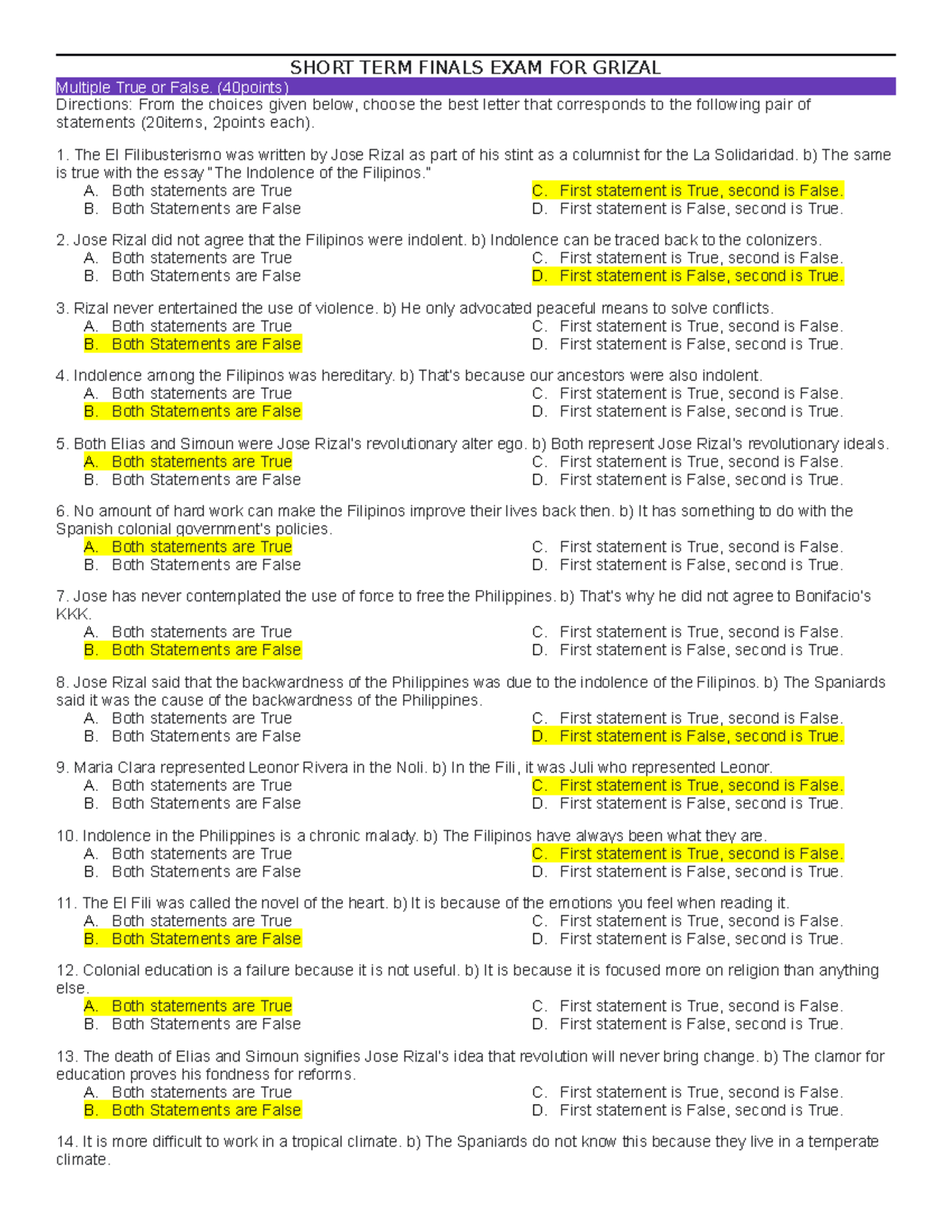 Grizal Final Exam 1 ANSWERS - SHORT TERM FINALS EXAM FOR GRIZAL ...